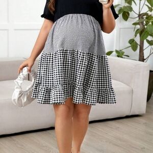 SHEIN Curve Maternity Black White Gingham Mini Tunic Ruffle 3XL Dress Plus